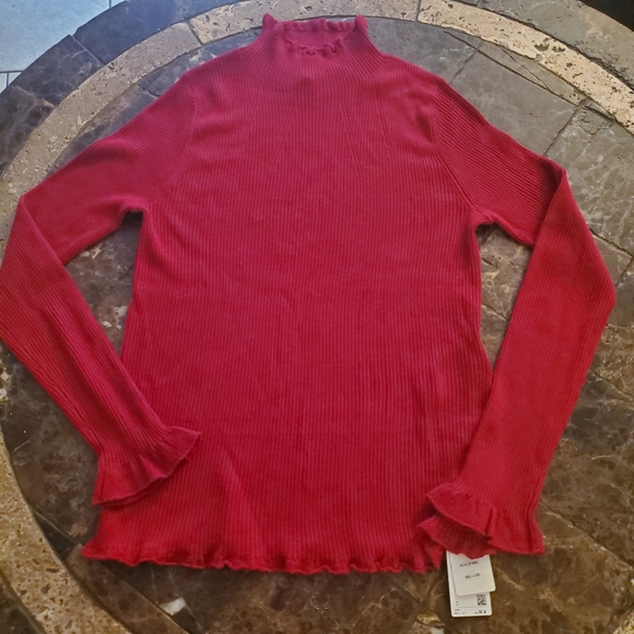 Marc Cain wool cashmere Deep red Lettuce edge mock turtleneck NWT - Picture 2 of 7